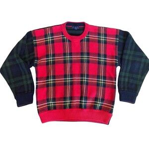 Vintage Mark Alexander Sweater Men’s LARGE Pullover Red Plaid 100% Cotton Preppy